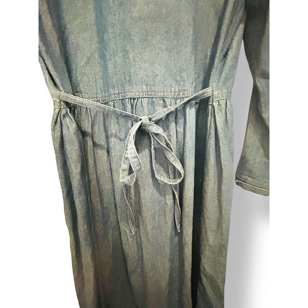 Vintage Cottagecore Denim Embroidered Prairie Dress Size Medium Back Tie Bird - Picture 7 of 14